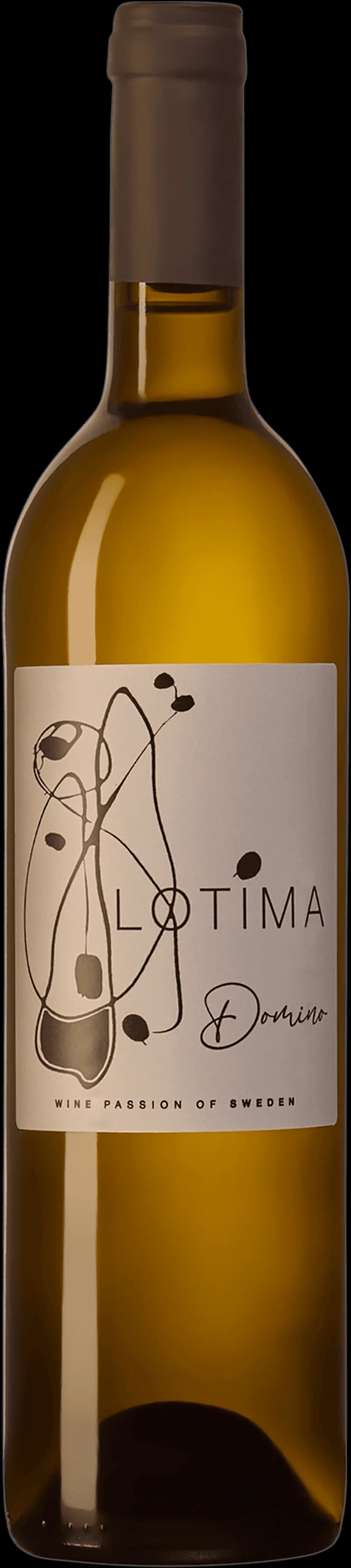 Flaska Lotima vitt vin med etikett, fotograferad mot neutral bakgrund