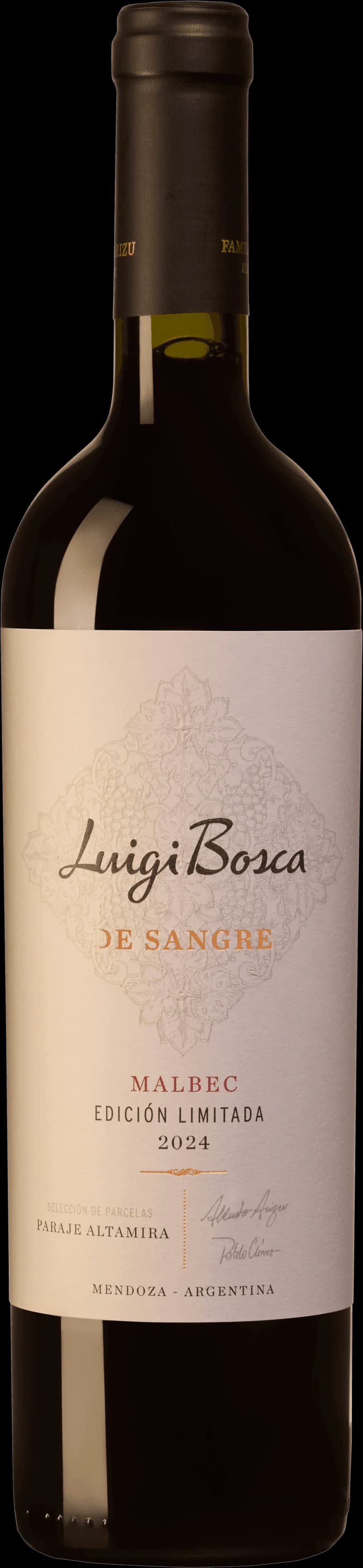 Flaska Luigi Bosca rött vin mot en neutral bakgrund, ett argentinskt vin från Mendoza.