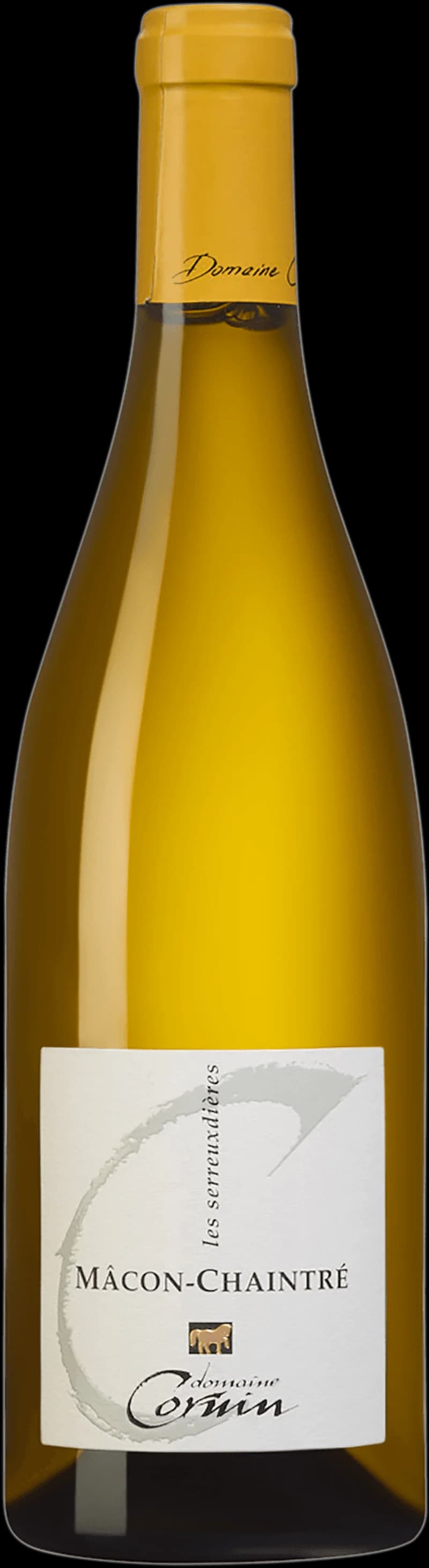 Flaska eller glas med vitt vin från Chaintre-les-Serreux, illustrerad i ett smalt bildformat