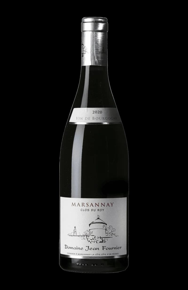 Flaska Marsannay Rouge, ett rött vin från Bourgogne, uppställd mot neutral bakgrund