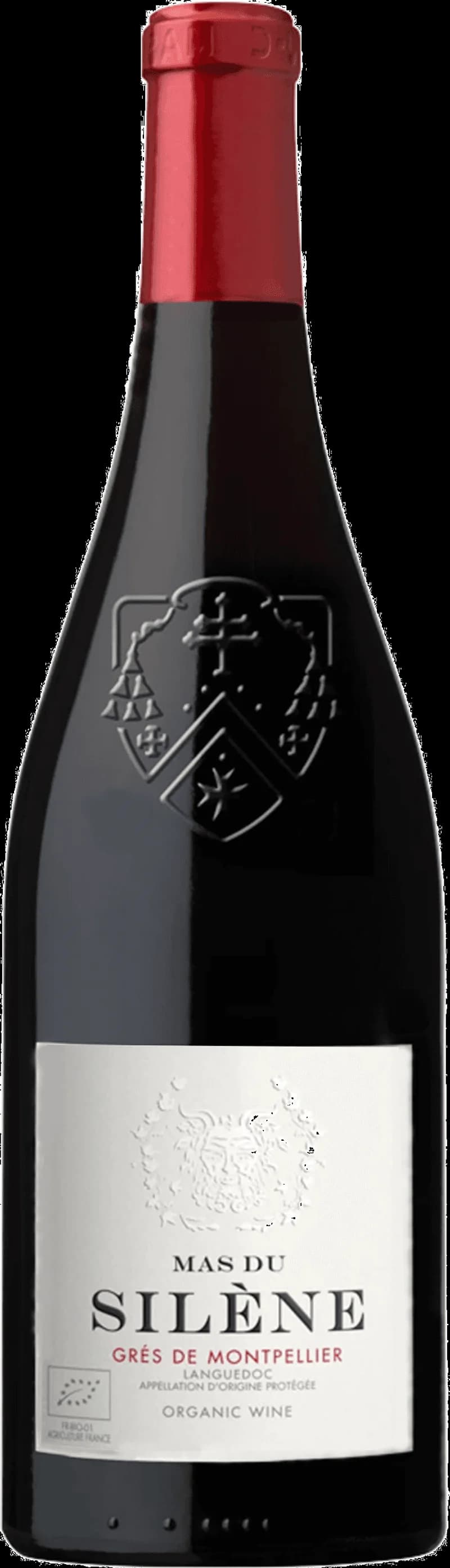 Flaska rött vin från Mas du Silene, Gres de Montpellier, mot neutral bakgrund