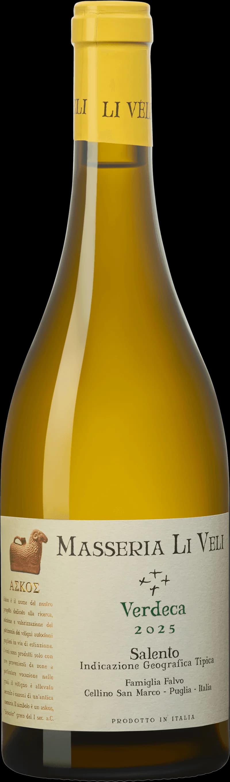 Flaska vitt vin från Masseria Li Veli, vinproducent i Salento i Puglia, Italien