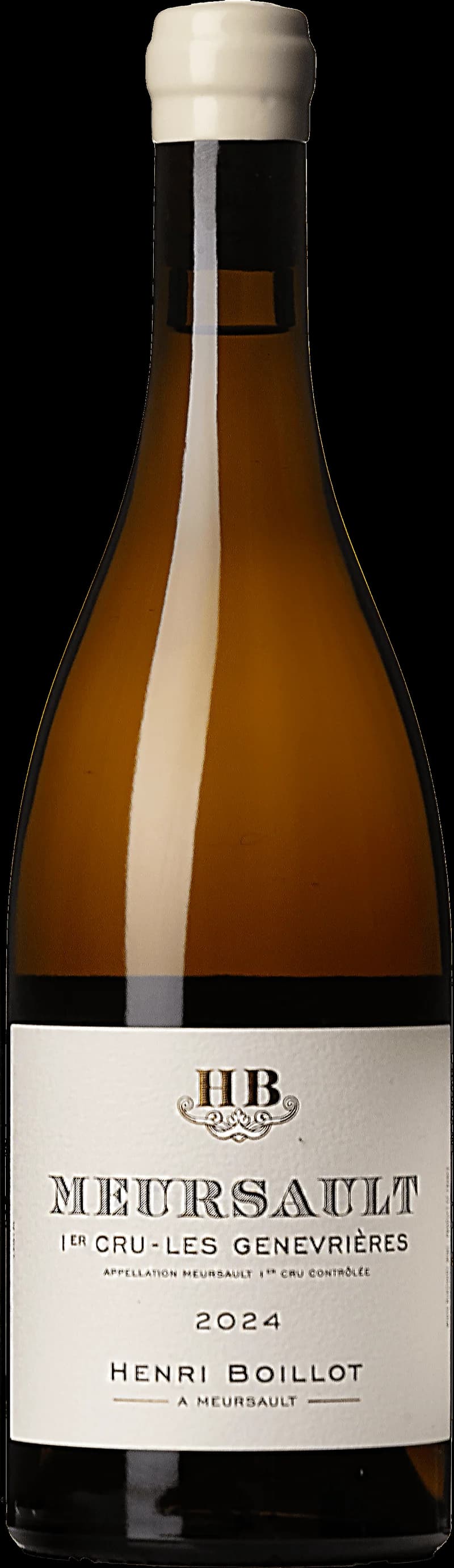 Flaska Meursault Premier Cru Les Genevrières, ett vitt vin från Bourgogne, uppställd mot neutral bakgrund.