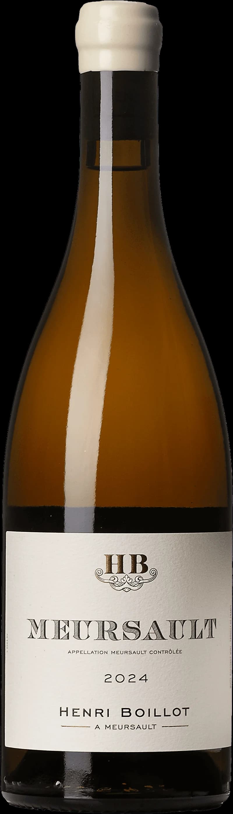 Flaska Meursault Village, ett vitt vin från Bourgogne, uppställd mot neutral bakgrund