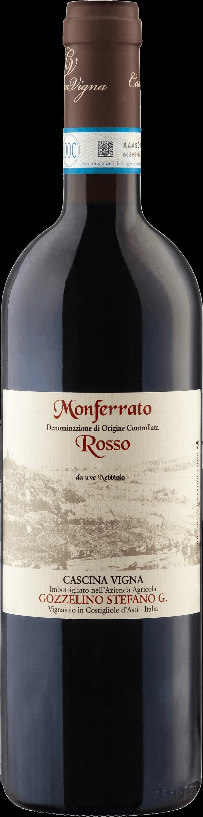 Flaska och glas med rött vin av druvan Nebbiolo från Monferrato i Piemonte