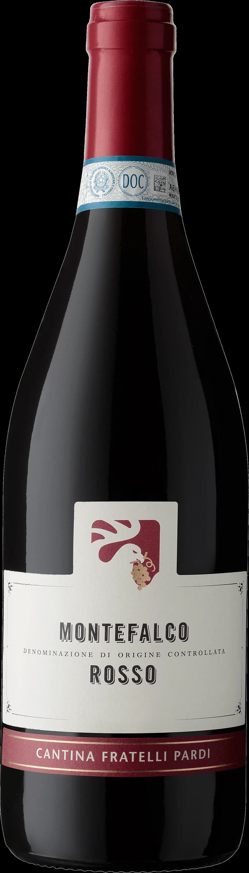 Flaska Montefalco Rosso, ett rött vin från Umbrien i Italien, mot neutral bakgrund