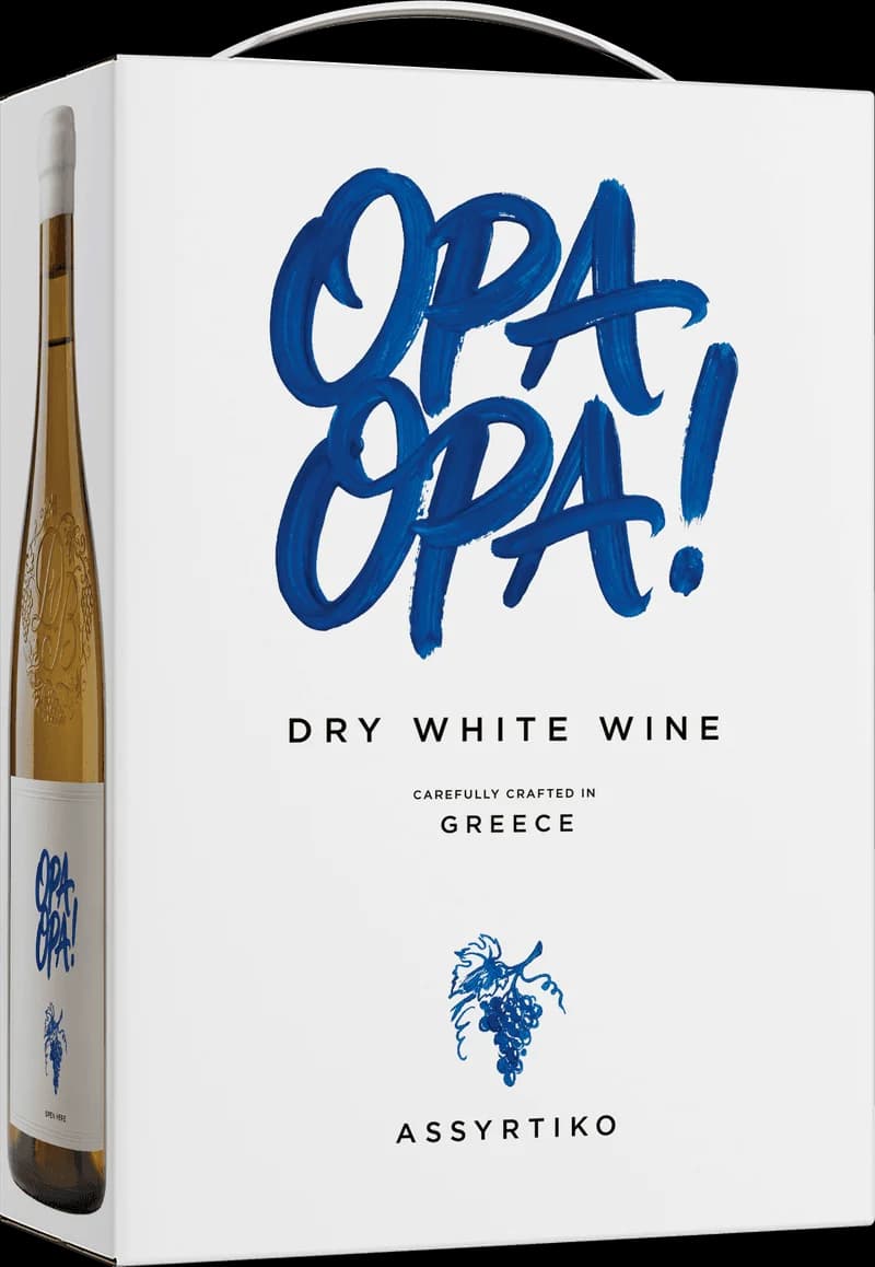 Flaska och glas med vitt vin av märket Opa Opa