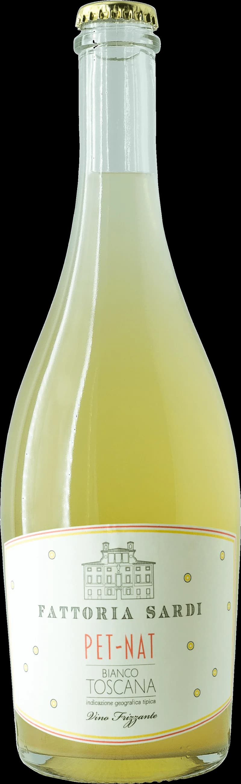 Flaska med Pet-Nat Bianco, ett naturligt mousserande vitt vin med bubblor och ljust innehåll