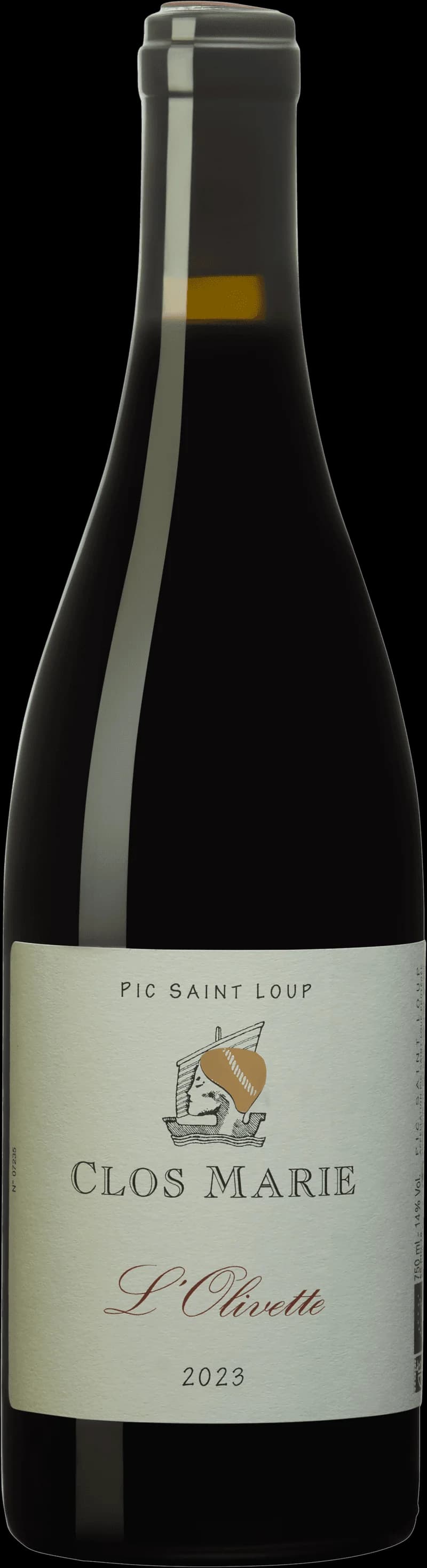 Flaska rött vin från Saint-Loup L'Olivette, fotograferad mot neutral bakgrund
