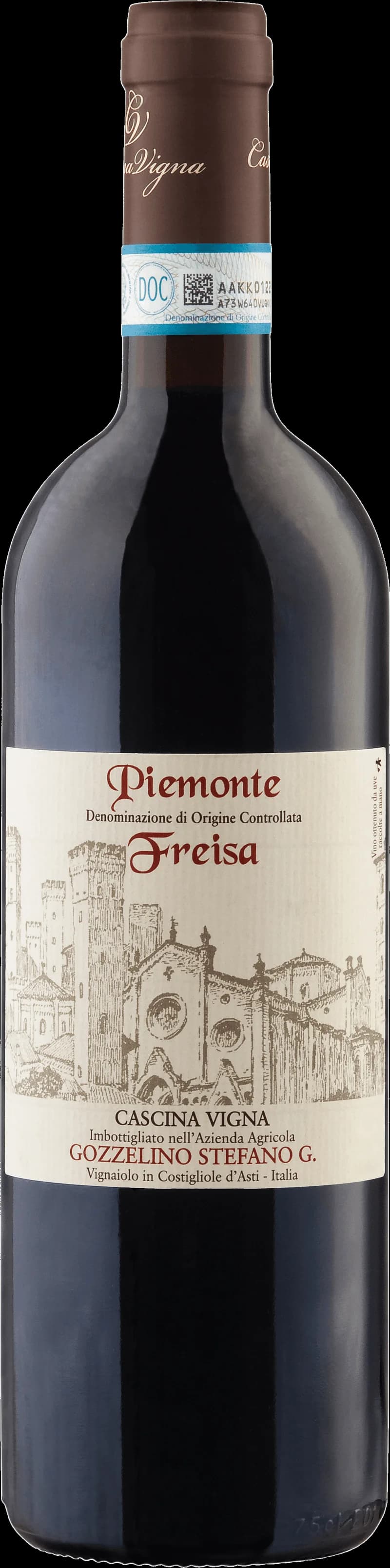 Flaska rött vin av druvan Freisa från Piemonte i Italien