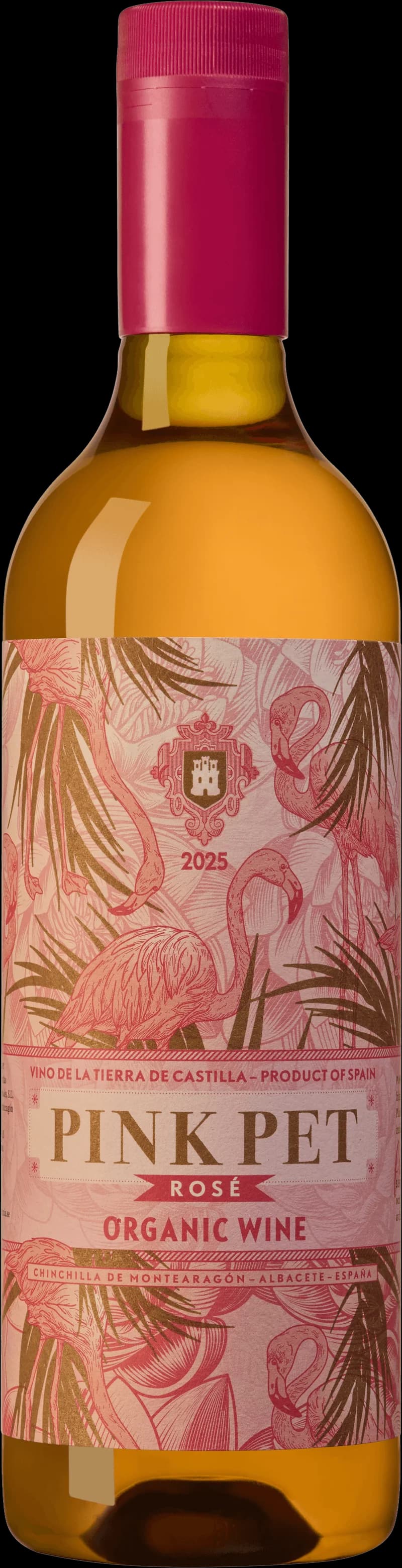 Flaska och glas med Pink Pet rosévin i rosa toner
