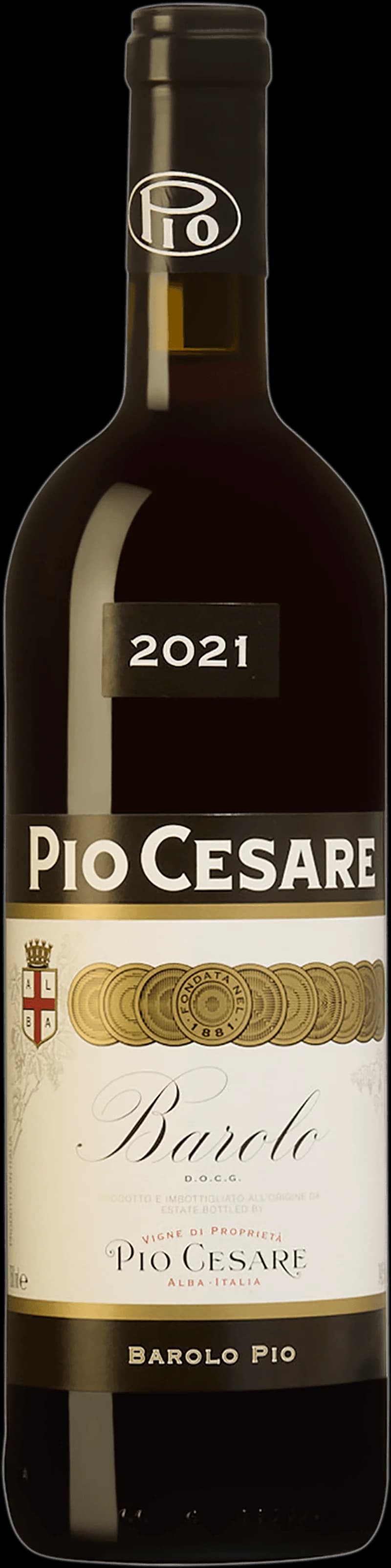 Flaska Pio Cesare rött vin från Piemonte, Italien, mot neutral bakgrund