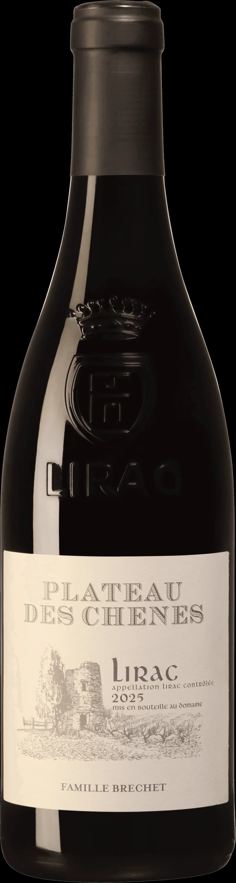 Flaska rött vin från Plateau des Chênes, etikett synlig mot neutral bakgrund