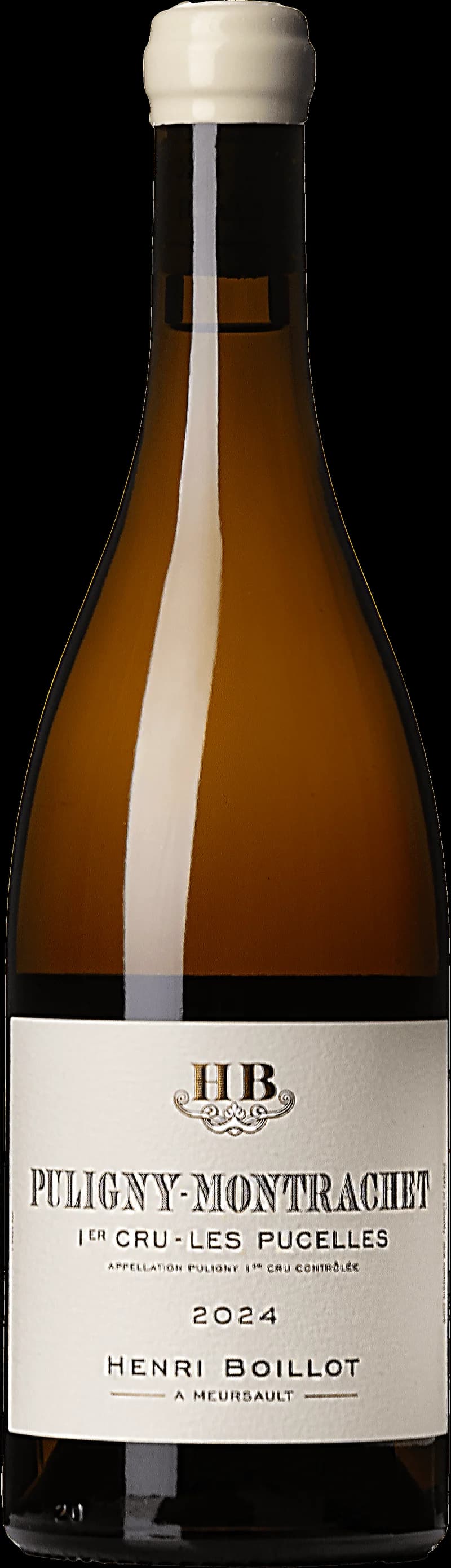 Flaska vitt vin från Puligny-Montrachet Premier Cru Les Pucelles, en elegant vit bourgogne.