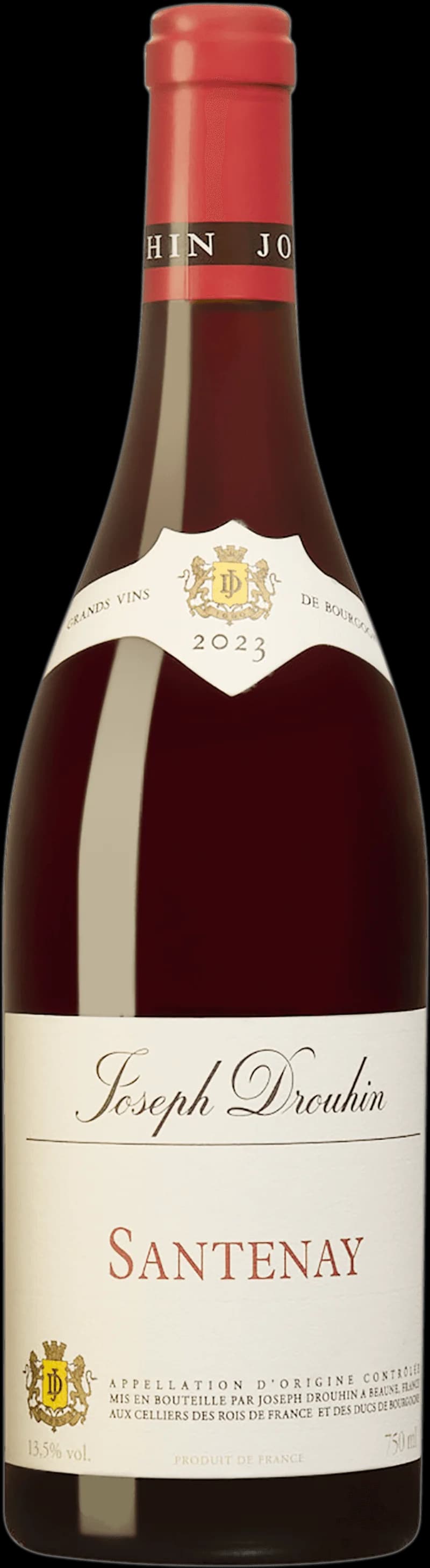 Flaska rött vin av typen Santenay Rouge från Bourgogne, fotograferad mot neutral bakgrund