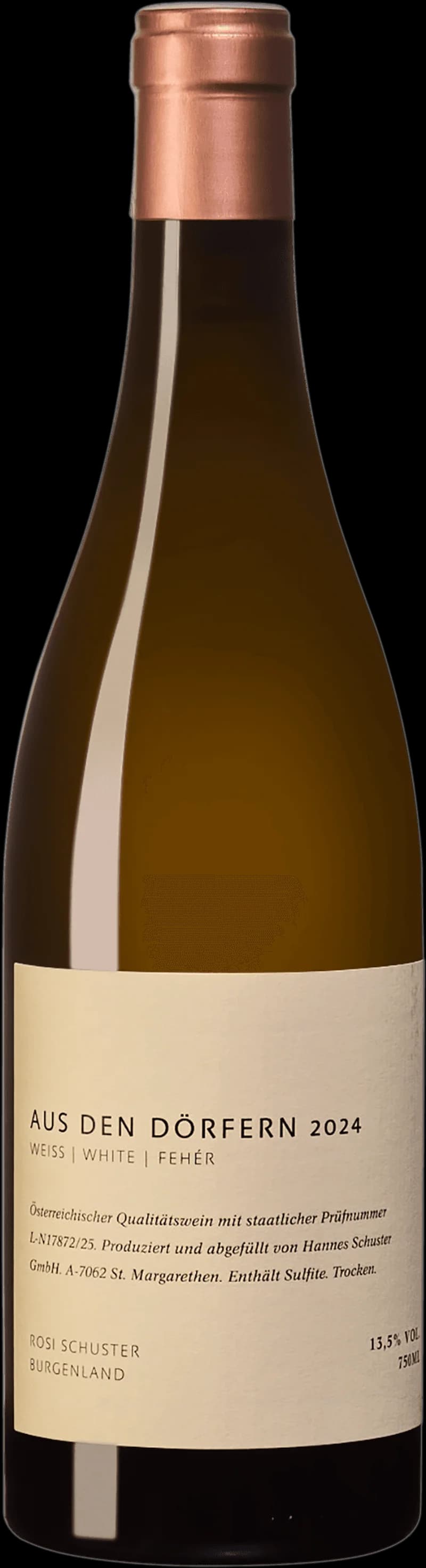 Flaska och glas med vitt vin från Schuster