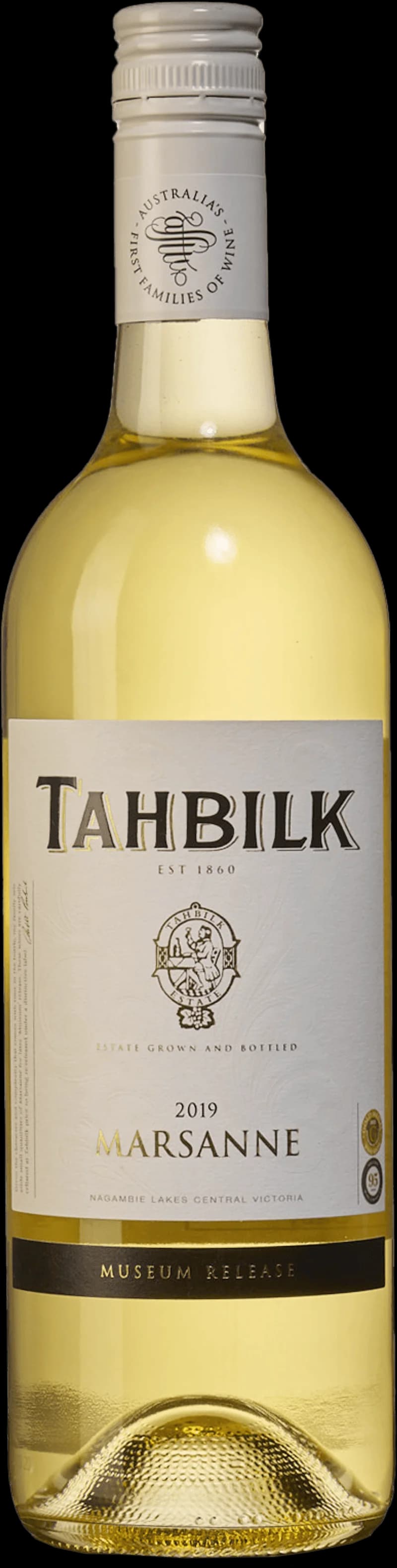 Flaska Tahbilk Museum vitt vin från Australien, fotograferad mot neutral bakgrund