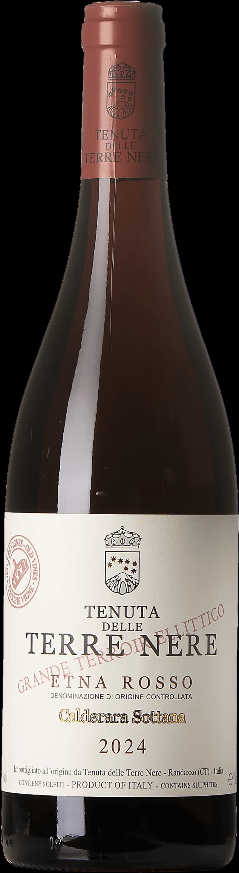 Flaska rött vin från Tenuta delle Terre Nere, producerat på Etna i Sicilien