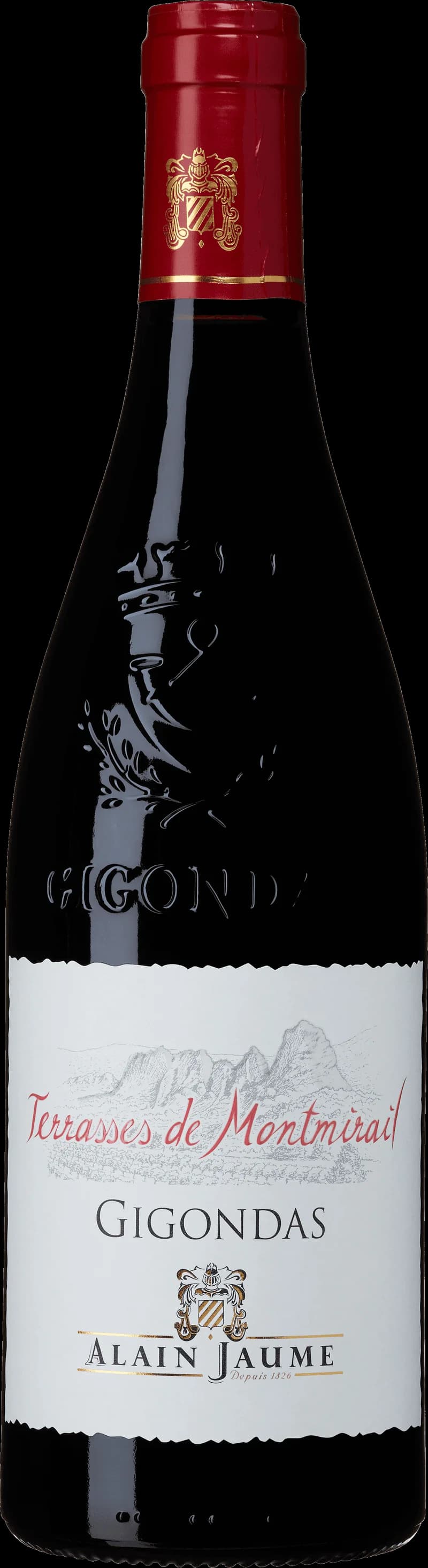Flaska rött vin från Terrasses de Montmirail i Gigondas, Frankrike