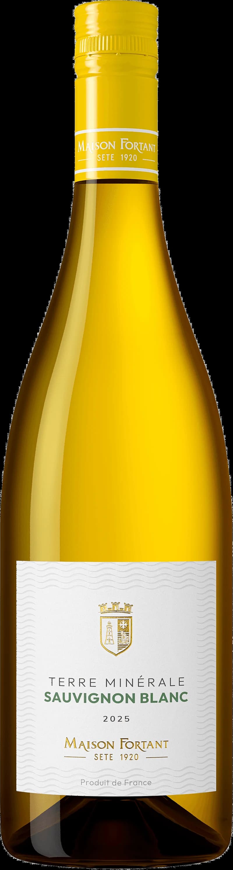 Flaska Terre Minérale Sauvignon Blanc, ett friskt vitt vin gjort på sauvignon blanc-druvan.
