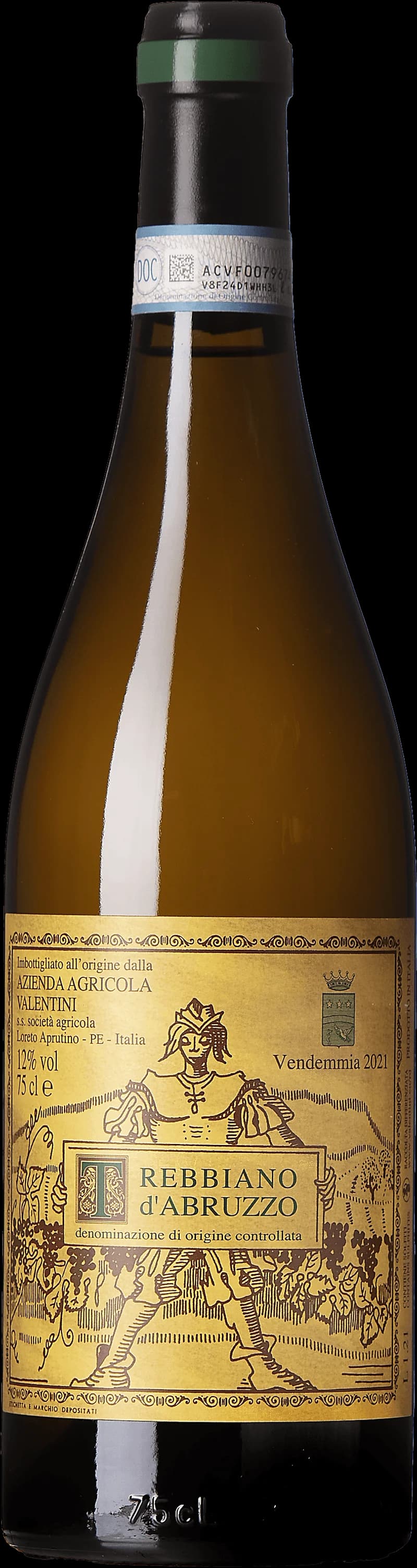 Flaska och glas med vitt vin av druvan Trebbiano d'Abruzzo från regionen Abruzzo i Italien.