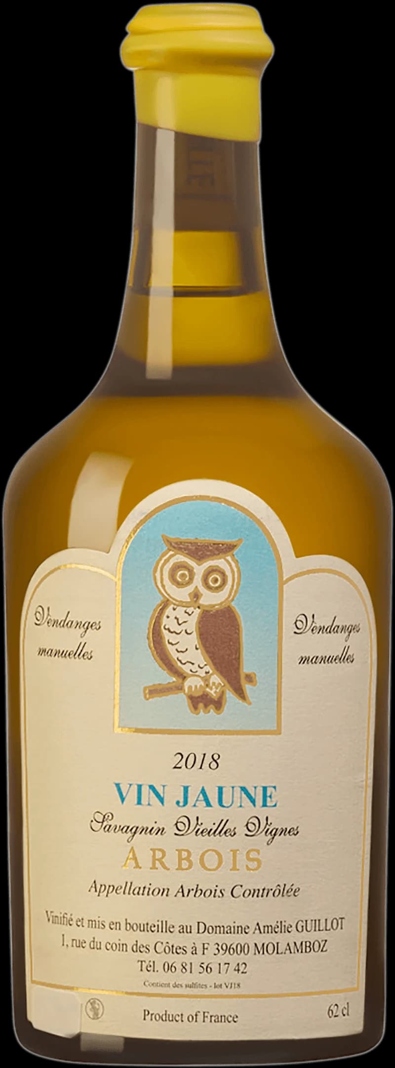 Flaska och glas med vin jaune, ett gult vitt vin från Arbois i Jura, Frankrike
