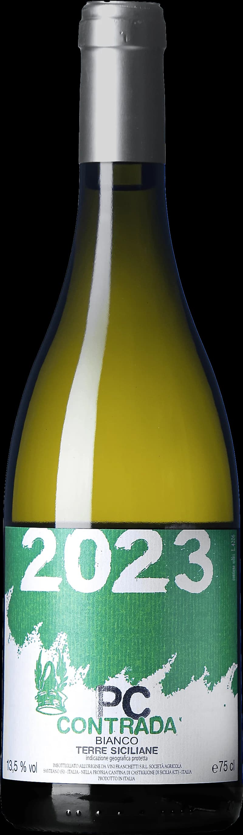 Flaska vitt vin från Vini Franchetti, ett italienskt vinproducentmärke känt för sina viner från Sicilien.
