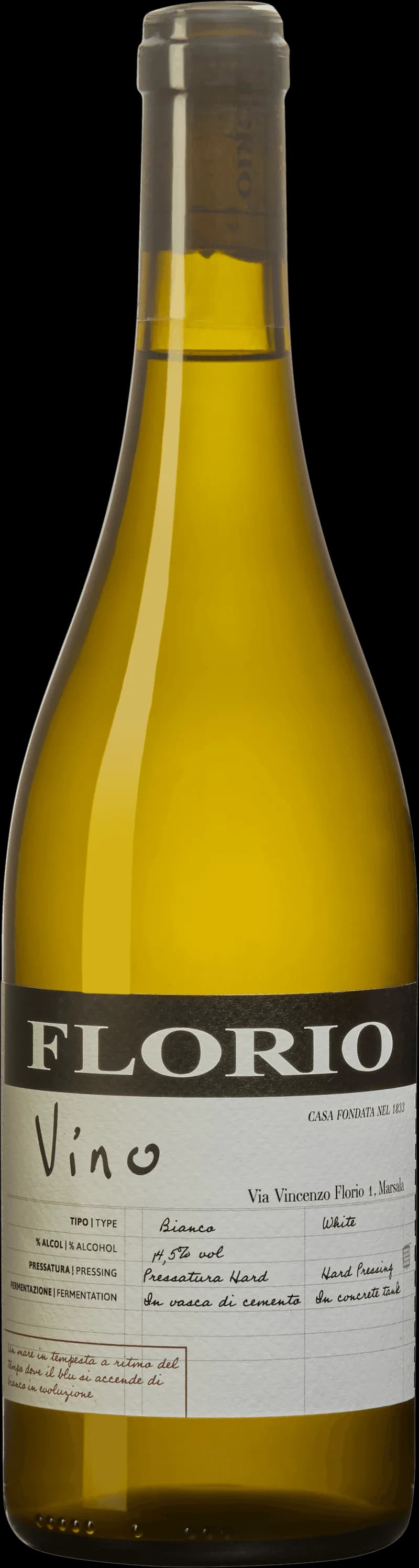 Flaska Vino Florio vitt vin, ett italienskt vitt vin från Sicilien