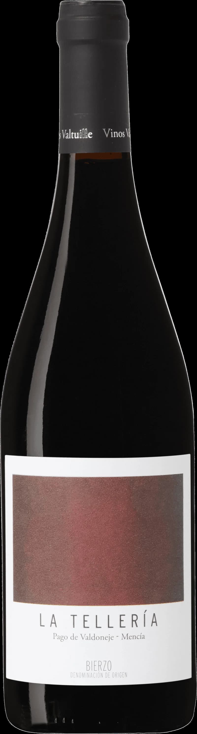 Flaska rött vin från Vinos Valtuille, uppställd mot neutral bakgrund