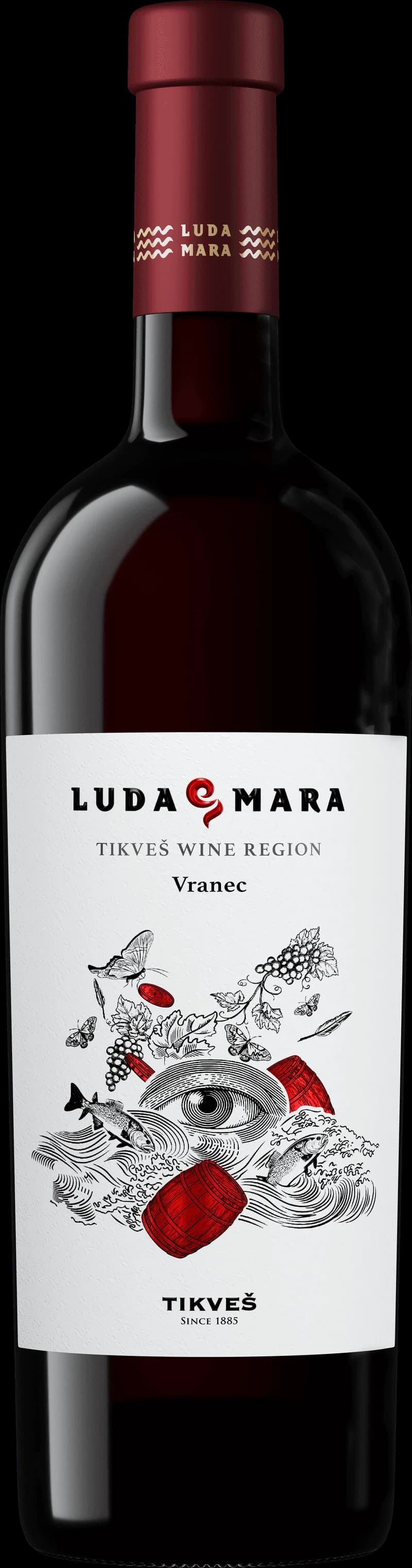 Flaska och glas med rött vin av druvan Vranec