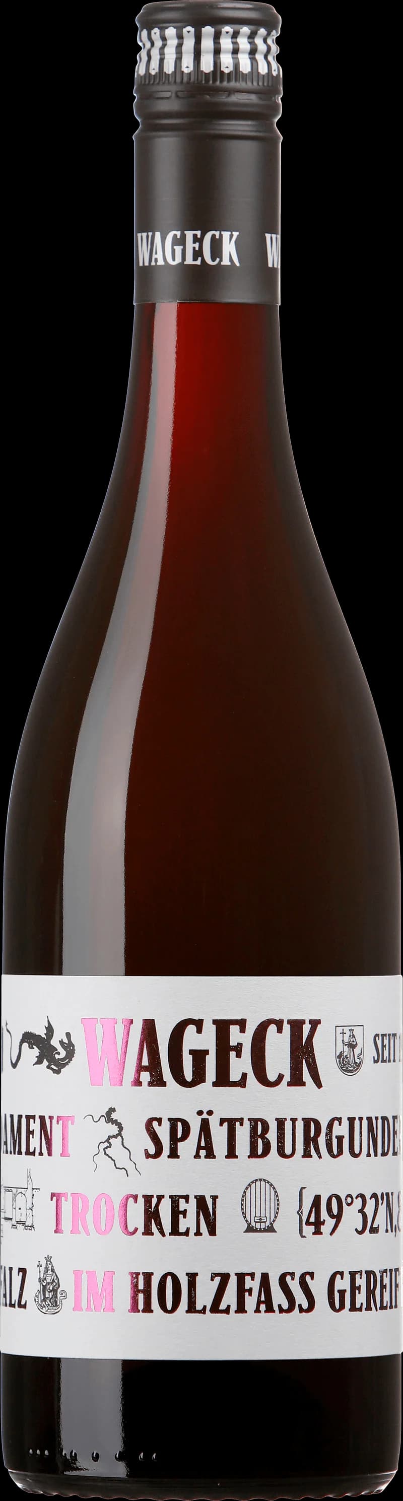 Flaska rött vin från Wageck Wines, avbildad i helfigur mot neutral bakgrund.