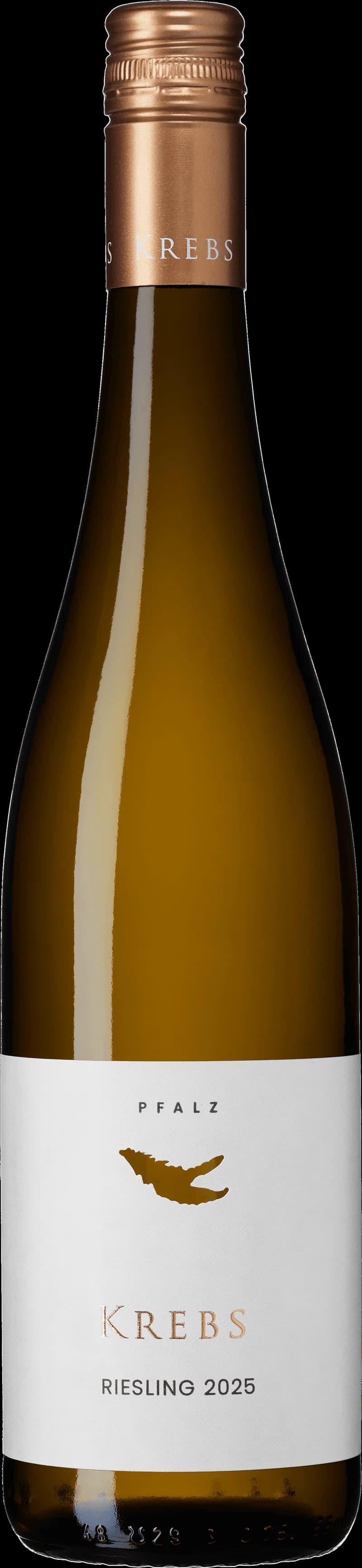 Flaska vitt vin från Weingut Krebs, fotograferad mot neutral bakgrund