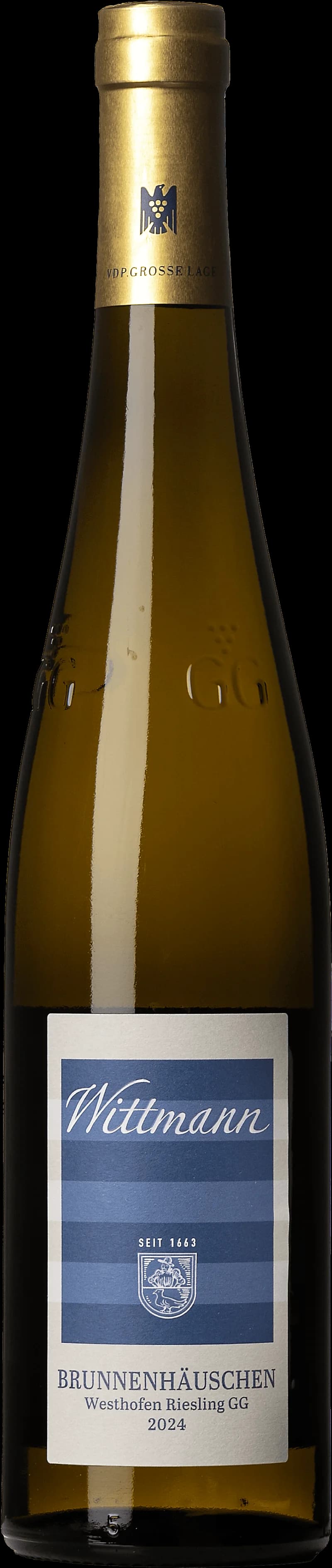 Flaska vitt vin från Wittmann Brunnenhäuschen, ett rieslingvin från Rheinhessen i Tyskland.