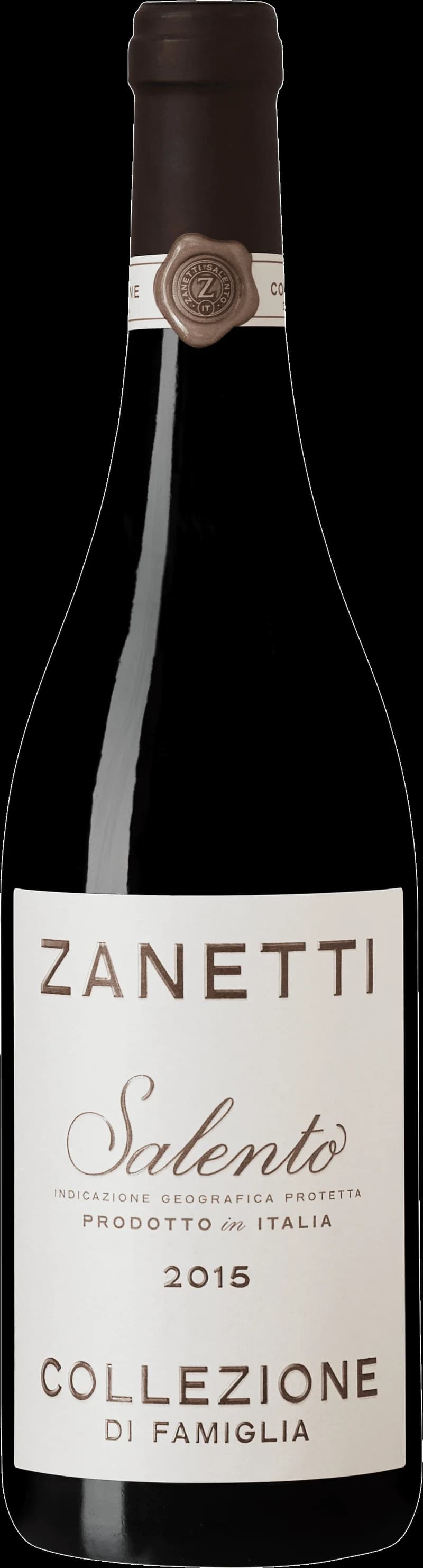 Flaska Zanetti Salento rött vin från Italien, fotograferad mot neutral bakgrund