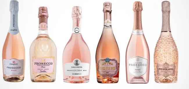 Rosa Prosecco en parad av flaskor