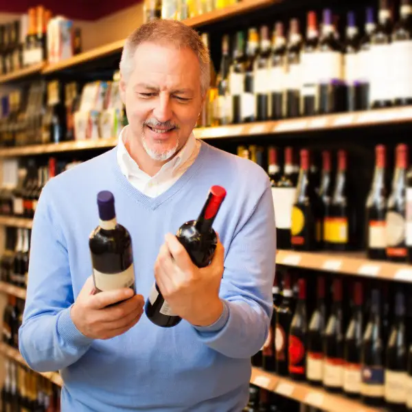  man som läser etiketter för att köpa till sin vinsamling 