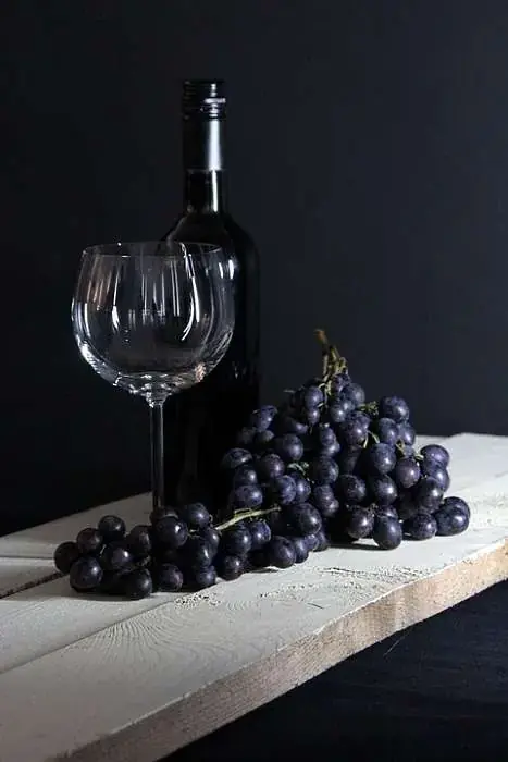 ekologiska - rött vin i flaska och druvor